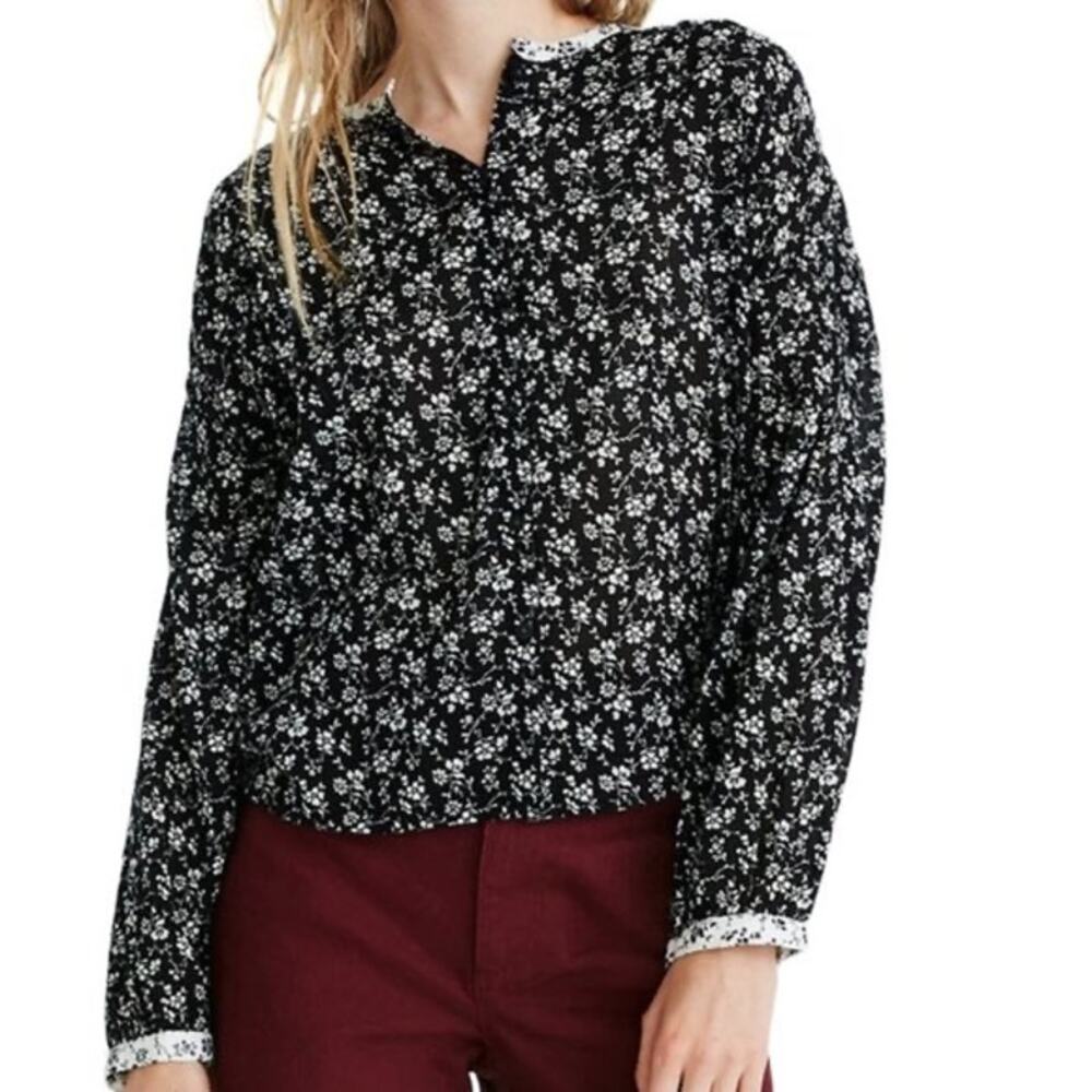 Madewell Women’s Black White Floral Modest Business Casual Button Down Blouse S